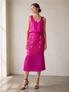 EDUN DESIGNER PINK SILK PLEATED LUXURY BUSINESS SKIRT TOP OUTFIT SET SZ 8 $1240